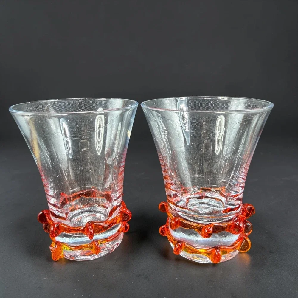 Italian Art Glass Shot Glasses Set 2 Orange Rigaree Flared Clear Glass MCM